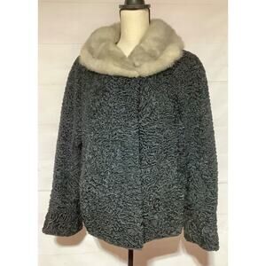VINTAGE EVANS Persian Lamb black curly sheep short jacket coat w/ fur collar